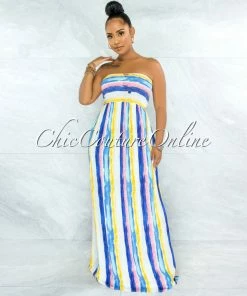 Vendor-unknown JUST IN Gardner Blue Yellow Stripes Smocked Strappy Back Maxi Dress