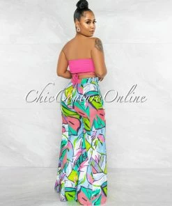 Vendor-unknown JUST IN Balvina Hot Pink Gold Accent Top Multi-Color Pants Set