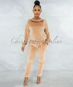Vendor-unknown Kiki Nude Velvet Gold Link Jogger & Sweater Set