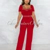 Vendor-unknown Andres Red Nude Fret Print Bubble Sleeves Jumpsuit JUST IN
