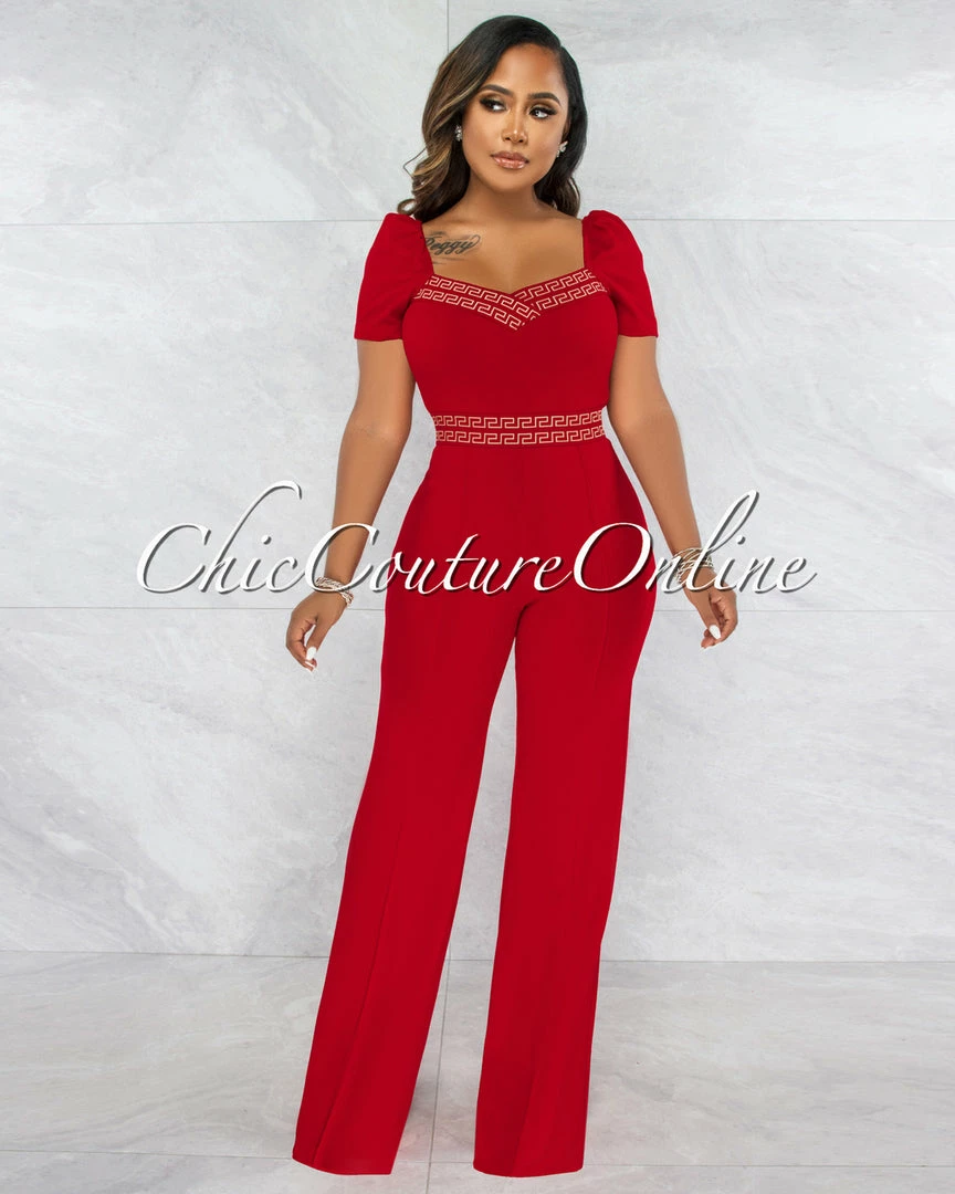 Vendor-unknown Andres Red Nude Fret Print Bubble Sleeves Jumpsuit JUST IN