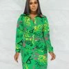 Vendor-unknown Clever Green Lettering Print Buttons Shirt Dress