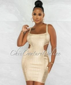 Chic Couture Online JUST IN Roberta Gold Foil Cut-Out Bandage Dress