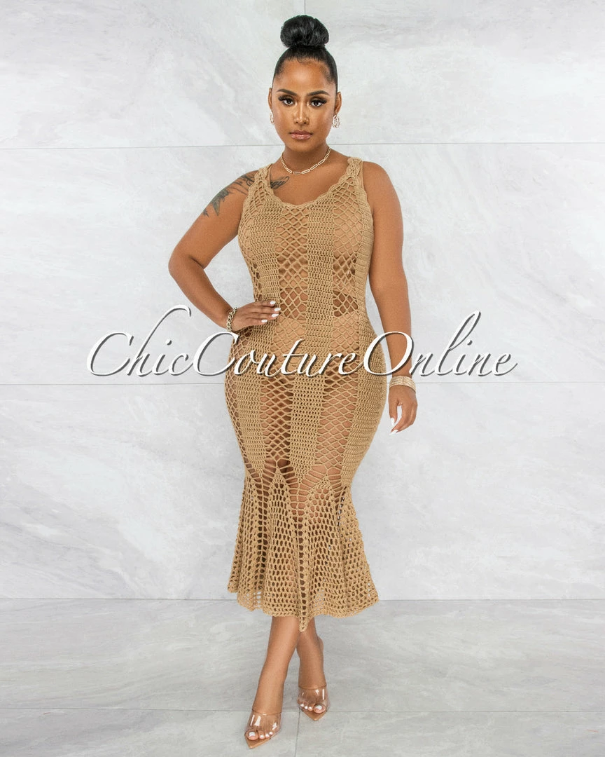 Vendor-unknown Prestado Mocha Crochet Midi Dress