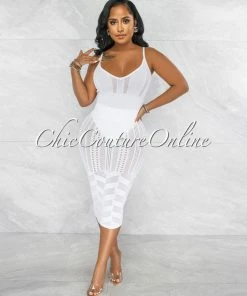 Vendor-unknown JUST IN Berta Off-White Perforated Tank Midi Dress