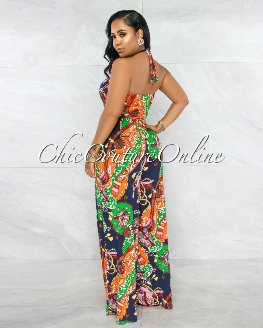 Vendor-unknown Larsen Navy Multi-Color Print Wide Legs Jumpsuit JUST IN