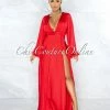 Vendor-unknown JUST IN Dorion Red Dramatic Double Slit Silky Maxi Dress
