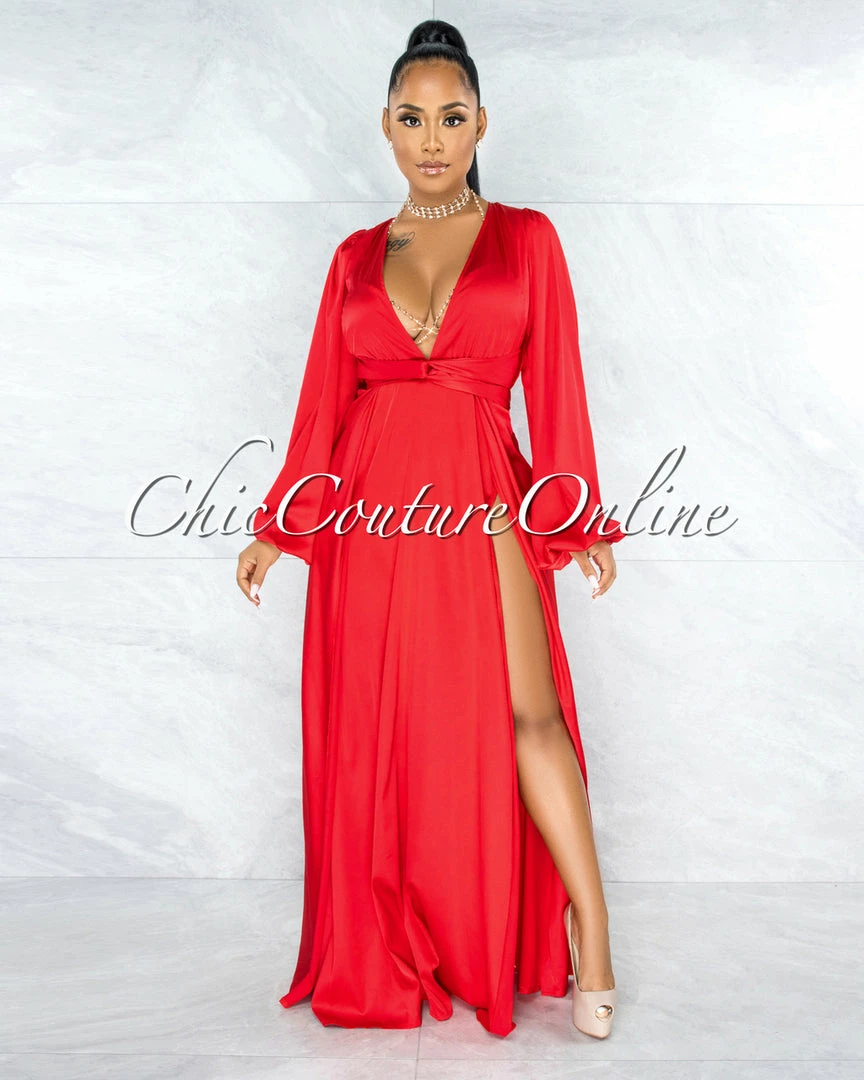 Vendor-unknown JUST IN Dorion Red Dramatic Double Slit Silky Maxi Dress