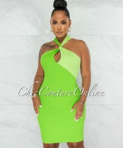 Chic Couture Online Nicola Green Two-Tone Torn Bust Ribbed Midi Dress JUST IN