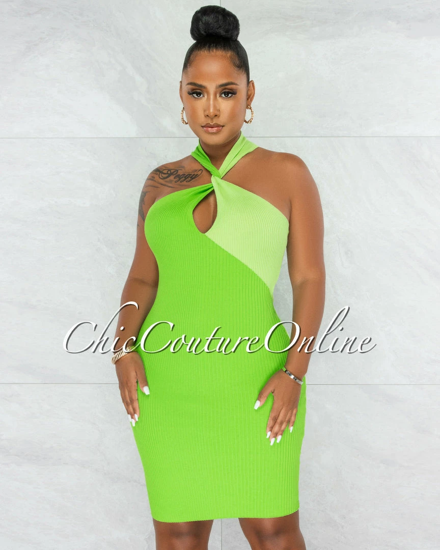 Chic Couture Online Nicola Green Two-Tone Torn Bust Ribbed Midi Dress JUST IN