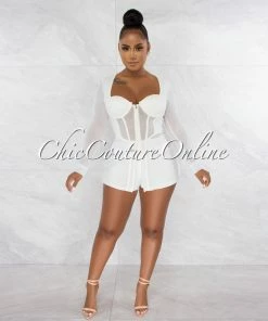 Chic Couture Online Priyah Off-White Long Peplum Mesh Top & Shorts Set JUST IN