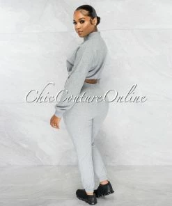 Chic Couture Online Balboa Gray Crop Sweater & Jogger Two Piece Set