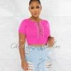 Chic Couture Online JUST IN Malowa Fuchsia Rhinestones Lace-Up Ribbed Crop Top