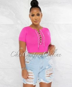 Chic Couture Online JUST IN Malowa Fuchsia Rhinestones Lace-Up Ribbed Crop Top