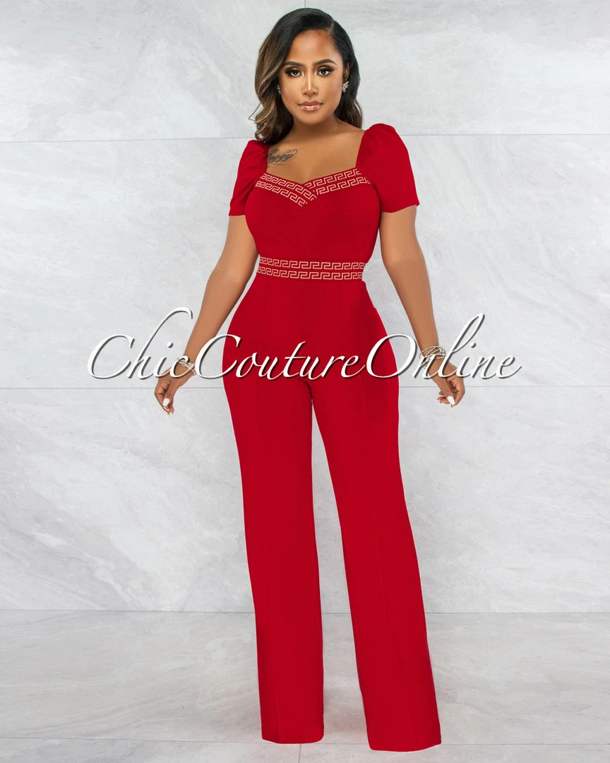 Vendor-unknown Andres Red Nude Fret Print Bubble Sleeves Jumpsuit JUST IN