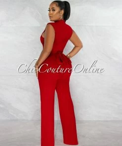 Chic Couture Online Brandy Red Gold Link Lace-Up Jumpsuit JUST IN