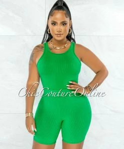 Chic Couture Online Mutina Kelly Green Ribbed Bodysuit & Shorts Set JUST IN