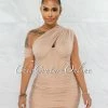 Chic Couture Online JUST IN Belicia Nude Mesh Ruched One Shoulder Corset Dress