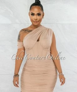 Chic Couture Online JUST IN Belicia Nude Mesh Ruched One Shoulder Corset Dress