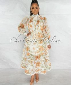 Chic Couture Online JUST IN Erica Ivory Orange Floral Print Crochet Details Maxi Dress