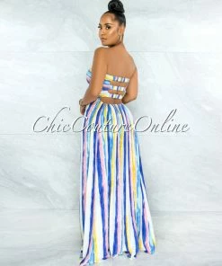 Vendor-unknown JUST IN Gardner Blue Yellow Stripes Smocked Strappy Back Maxi Dress