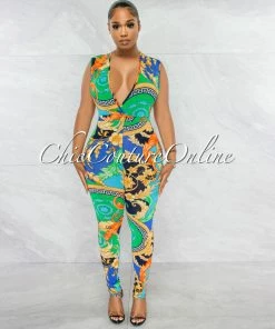 Chic Couture Online Camie Green Multi-Color Print V-Neck Jumpsuit JUST IN