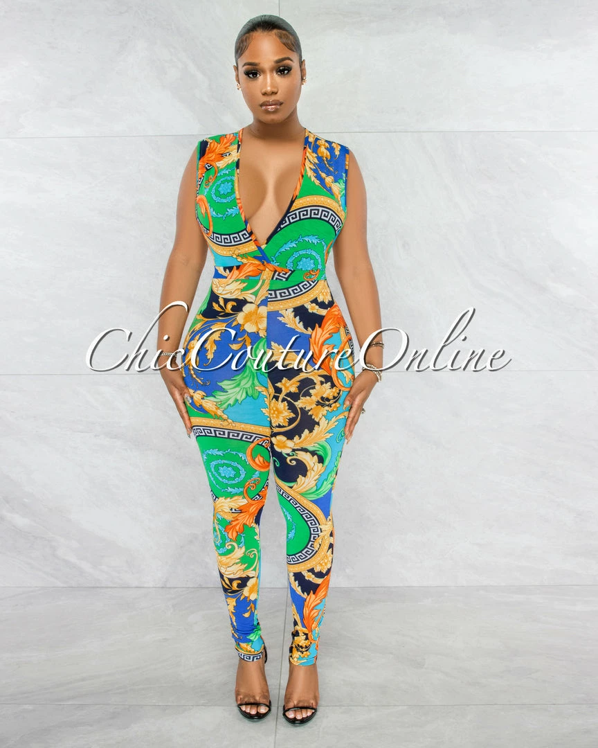 Chic Couture Online Camie Green Multi-Color Print V-Neck Jumpsuit JUST IN