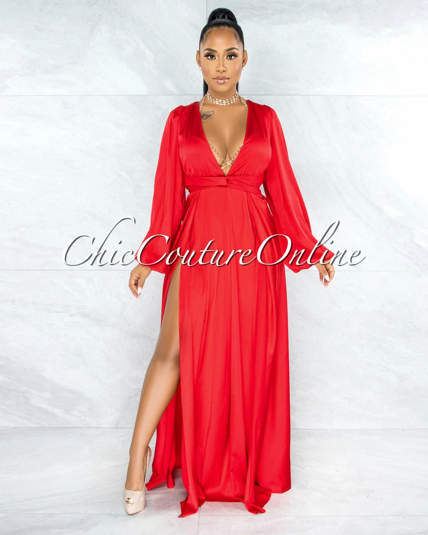Vendor-unknown JUST IN Dorion Red Dramatic Double Slit Silky Maxi Dress