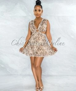 Chic Couture Online JUST IN Elmar Brown Nude Print O-Ring Ruffle Hem Dress