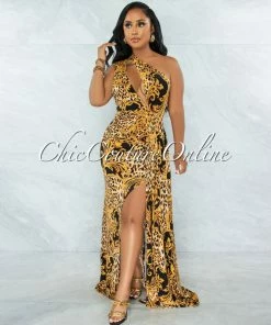 Vendor-unknown JUST IN Damonte Black Gold Print Side Slit Strap Maxi Dress