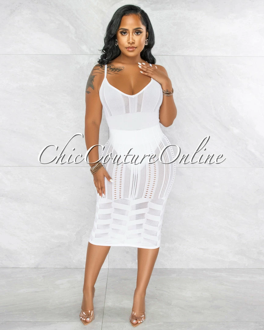 Vendor-unknown JUST IN Berta Off-White Perforated Tank Midi Dress