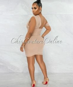 Chic Couture Online JUST IN Belicia Nude Mesh Ruched One Shoulder Corset Dress