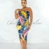 Chic Couture Online Palesa Navy Blue Leaf Print Strapless Midi Dress JUST IN