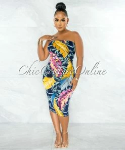 Chic Couture Online Palesa Navy Blue Leaf Print Strapless Midi Dress JUST IN