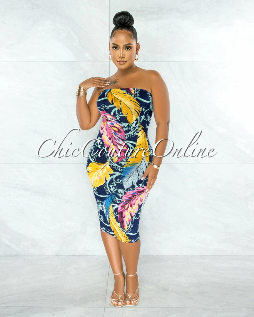 Chic Couture Online Palesa Navy Blue Leaf Print Strapless Midi Dress JUST IN