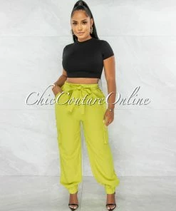 Chic Couture Online Rosalba Lime Green Cargo Jogger Pants