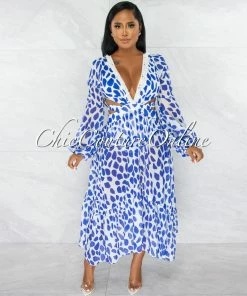 Chic Couture Online Carline White Blue Print Tassels Neckline Maxi Bodysuit Dress JUST IN