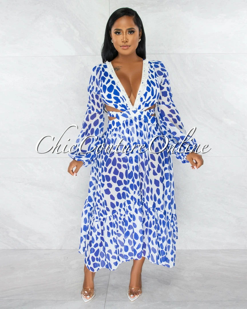 Chic Couture Online Carline White Blue Print Tassels Neckline Maxi Bodysuit Dress JUST IN