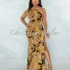 Vendor-unknown JUST IN Damonte Black Gold Print Side Slit Strap Maxi Dress