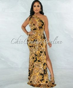 Vendor-unknown JUST IN Damonte Black Gold Print Side Slit Strap Maxi Dress