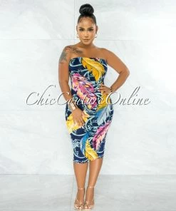 Chic Couture Online Palesa Navy Blue Leaf Print Strapless Midi Dress JUST IN