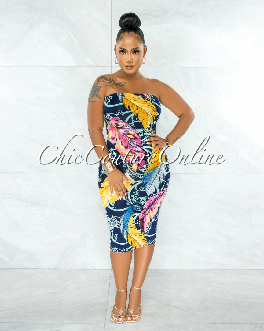 Chic Couture Online Palesa Navy Blue Leaf Print Strapless Midi Dress JUST IN