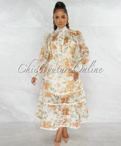 Chic Couture Online JUST IN Erica Ivory Orange Floral Print Crochet Details Maxi Dress