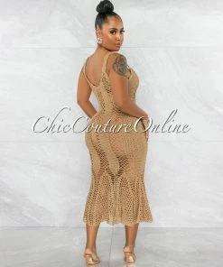 Vendor-unknown Prestado Mocha Crochet Midi Dress