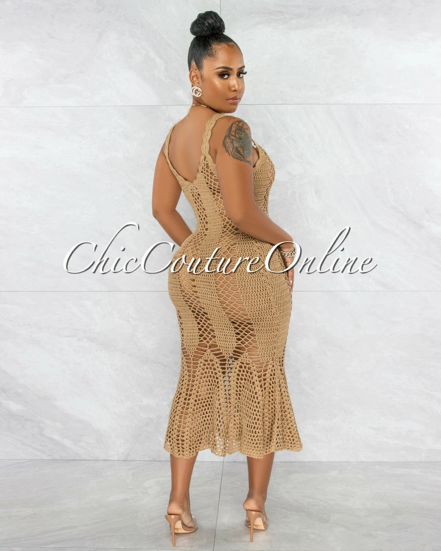 Vendor-unknown Prestado Mocha Crochet Midi Dress