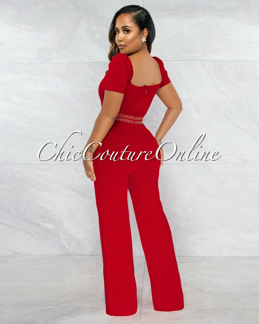 Vendor-unknown Andres Red Nude Fret Print Bubble Sleeves Jumpsuit JUST IN