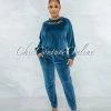 Vendor-unknown Kiki Sapphire Blue Velvet Gold Link Jogger & Sweater Set