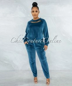 Vendor-unknown Kiki Sapphire Blue Velvet Gold Link Jogger & Sweater Set