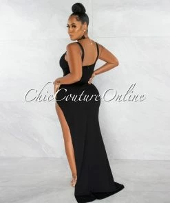 Chic Couture Online JUST IN Haraly Black Pleated Bust Corset Draped Slit Maxi Dress