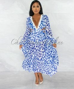 Chic Couture Online Carline White Blue Print Tassels Neckline Maxi Bodysuit Dress JUST IN